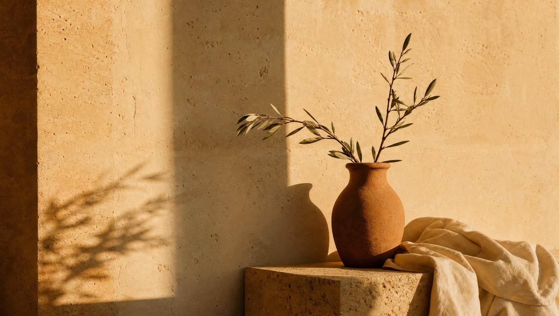 Soft morning light on Italian travertine, terracotta and olive